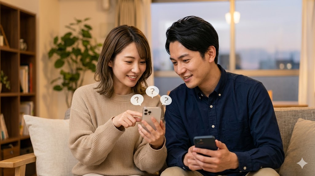日本人の男女がスマートフォンを使いながら、自然で答えやすい質問のラリーを楽しんでいる。