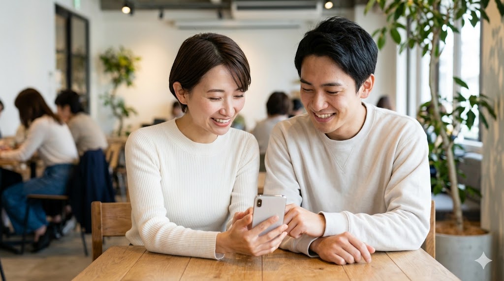 カフェで自然にメッセージを楽しむ日本人カップル