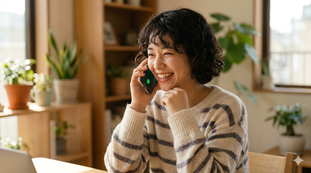 自宅のリラックスした雰囲気の中、スマートフォンで楽しそうにアプリの通話機能を利用する日本人女性。声のトーンや話すテンポで相性を確かめている様子。