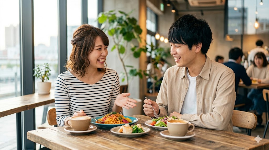 日中の明るい時間帯に、お洒落なカフェでランチデートを楽しむ日本人カップル。食べ物の話題から自然に誘い、成功率の高いデートのハードルの低さを表現。