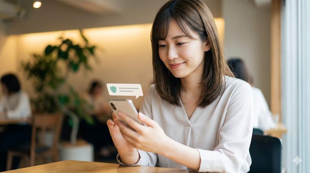 スマートフォン画面の通知を見て、安心した表情を浮かべる日本人女性。相手に警戒心を与えない自然な誘い方を表現。