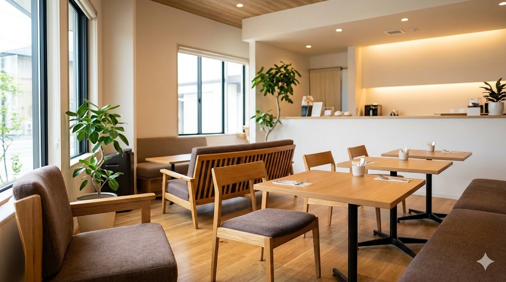 初デートにおすすめの、昼間の明るく安全なカフェの店内。大きな窓、観葉植物、木の家具が温かい、警戒心を解くオープンな空間。