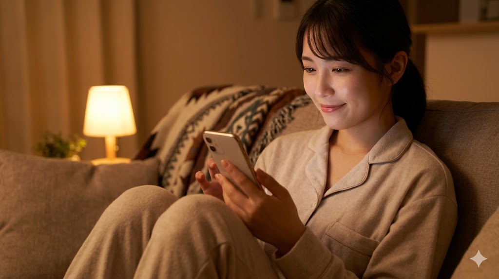 自宅のソファでリラックスした夜の時間帯（ゴールデンタイム）に、マッチングアプリのメッセージを優しい笑顔でチェックする日本人女性。返信しやすいタイミングの重要性を強調。