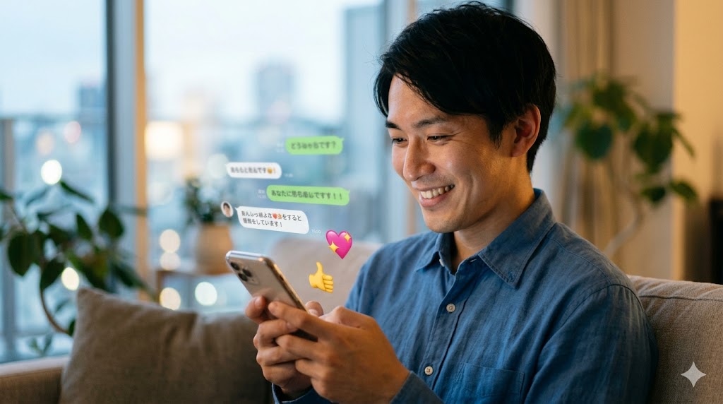夜、アパートのリビングで、笑顔でスマートフォンにメッセージを入力する日本人男性。絵文字を使い、熱心に好意をアピールする。
