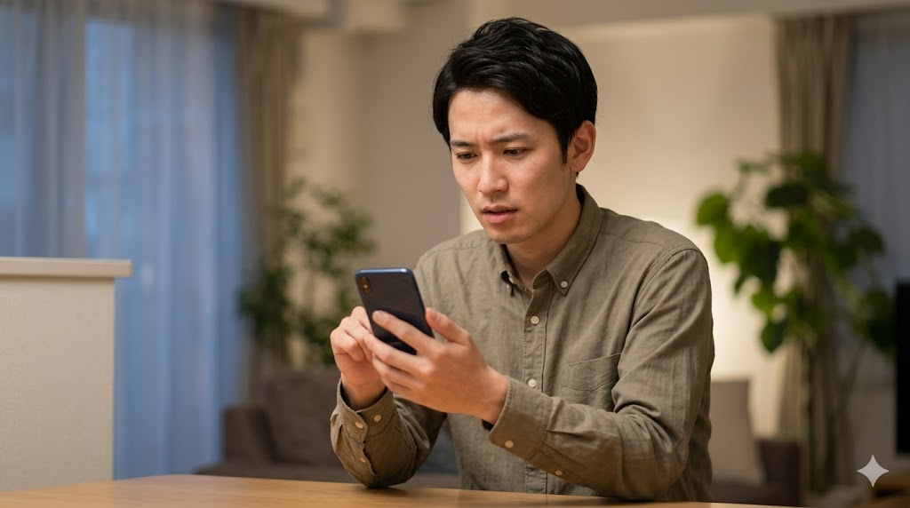 マッチングアプリで女性からの重すぎるメッセージや急な距離の詰め方に困惑し、引いてしまう日本人男性。自宅にて。