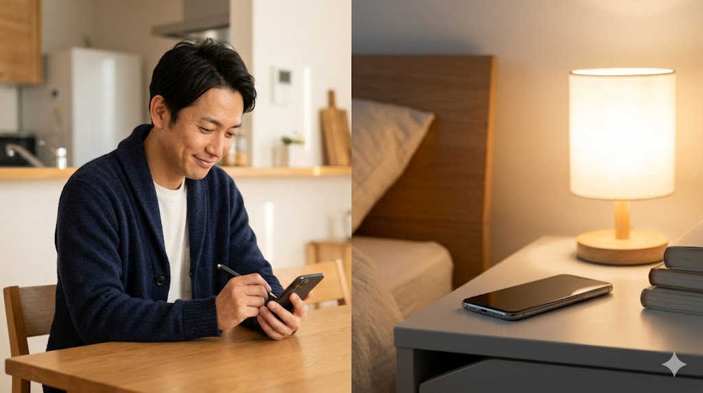 夜、リラックスした様子でスマートフォンを操作する日本人男性。相手の生活リズムを尊重し、焦らず落ち着いたペースでメッセージを返信している。