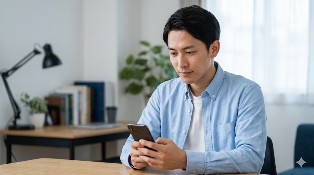 相手のプロフィールを読み込みながら、誠実なメッセージを考え、スマートフォンを操作する日本人の男性。