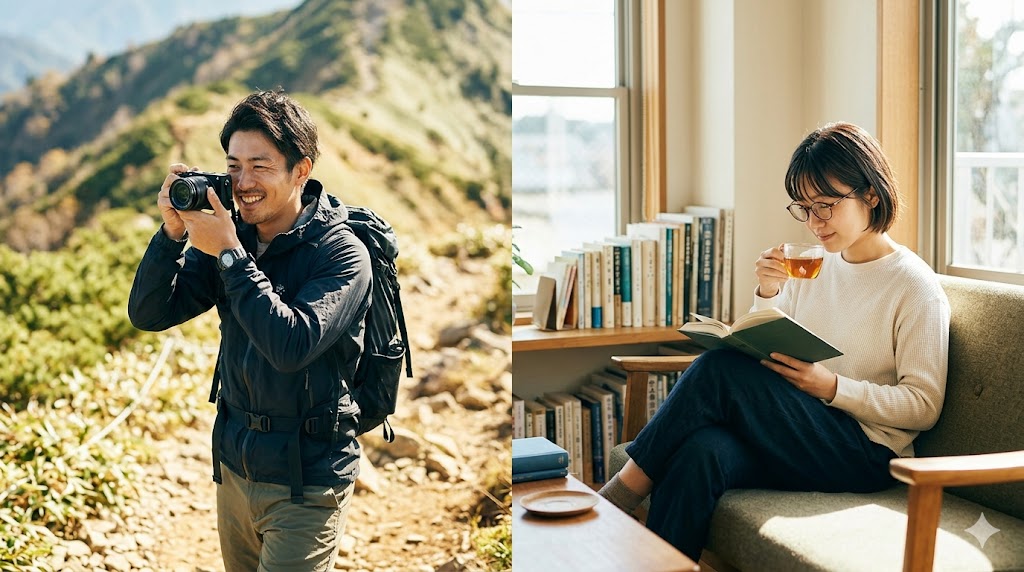 登山を楽しむアクティブな日本人男性と、自宅で読書を楽しむインドアな日本人女性の対比ポートレート。
