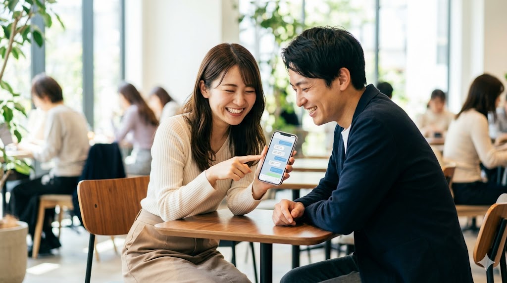 カフェで笑顔のマッチングアプリ画面を共有し、楽しそうに話す若い日本人カップル。メッセージのやり取りが順調で、脈ありサインが出ている様子を表現。