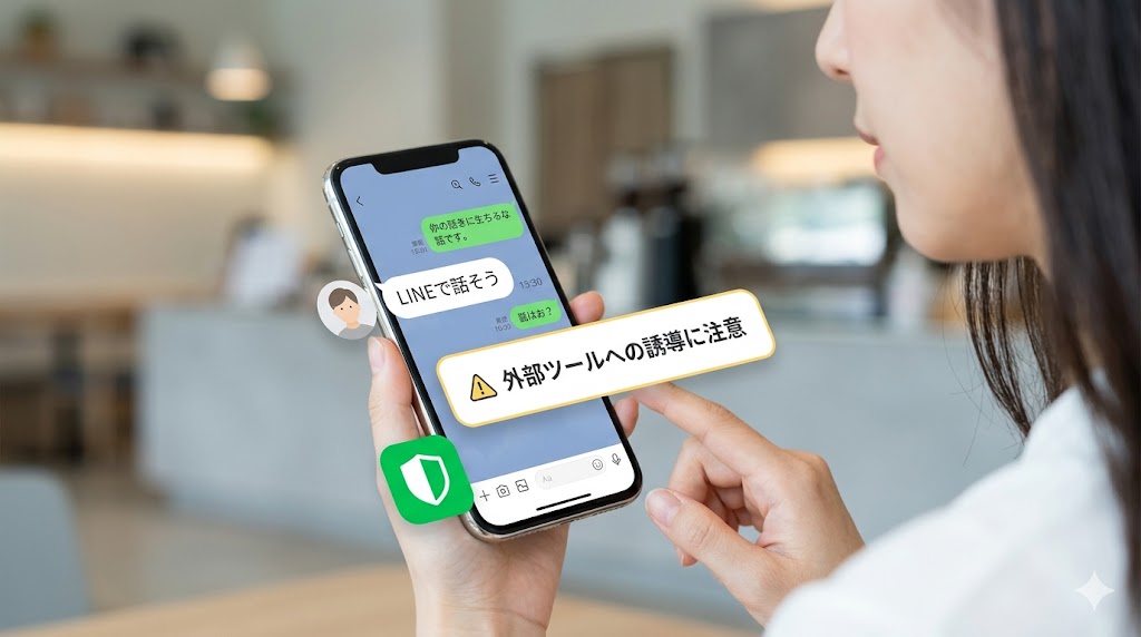 マッチングアプリのメッセージ画面で、相手から外部SNSへの誘導メッセージが届いた際、警告アラートが表示されている様子。危険なサインへの注意喚起。