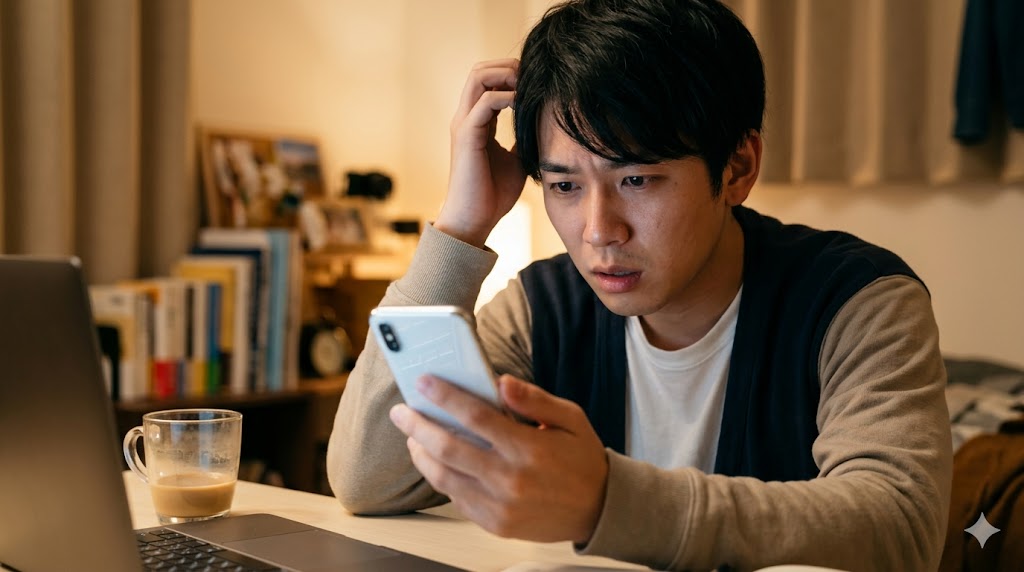 スマートフォンの画面を見て圧倒され、疲れと不安を感じている日本人男性の画像。マッチングアプリで長文メッセージを受け取った際の心理的プレッシャーを表現。