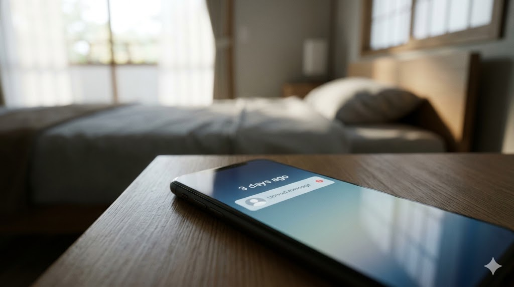 日本の寝室のサイドテーブルに置かれたスマートフォン。画面にはマッチングアプリの未読メッセージが1件表示されており、その横に「3日前」という時間が冷たく記されています。静かに過ぎ去った時間と、放置された連絡を視覚的に表現しています。