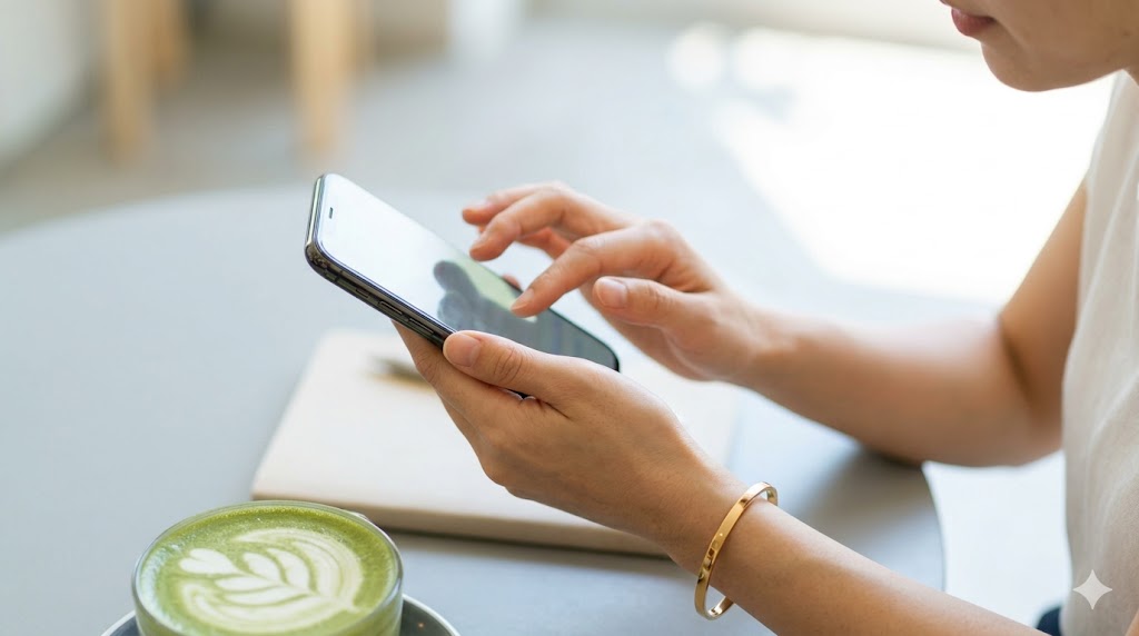 明るいカフェで、現状を打破するためにスマートフォンで前向きにメッセージを入力する日本人女性の手元。