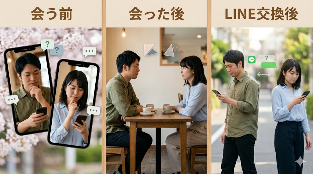 マッチングアプリで、会う前、会った後、LINE交換後の3つの状況別メッセージの終わらせ方を表す