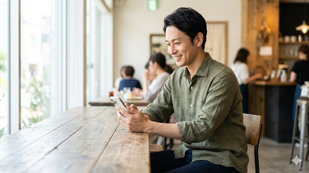 カフェで落ち着いてスマートフォンを操作する、大人の余裕を感じさせる30代後半の日本人男性。マッチングアプリのメッセージを丁寧に作成している様子。