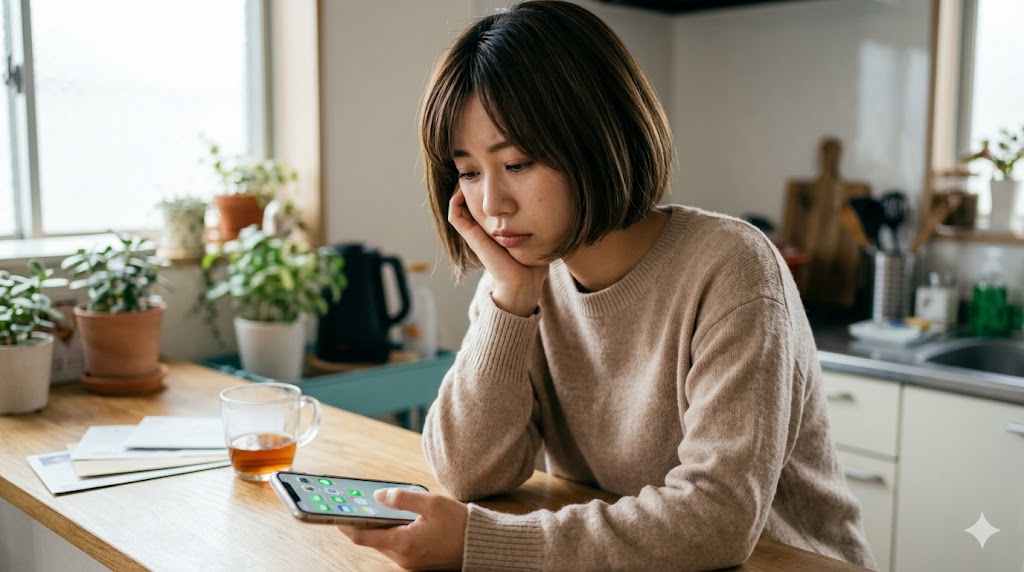 マッチングアプリのメッセージ通知が溜まり、スマホを見て疲弊する日本人女性。めんどくさい、続かないといった心理的負担を表現。