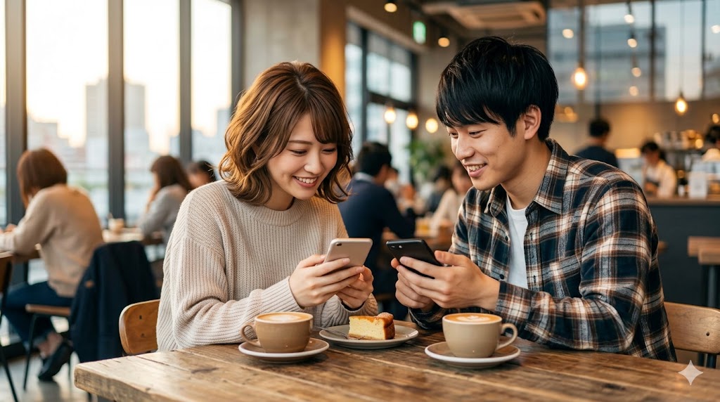 カフェでマッチングアプリのメッセージを見て笑顔になる日本人女性と、彼女のスマホを一緒にのぞき込む日本人男性。スムーズに会うまでの流れを連想させる一枚。