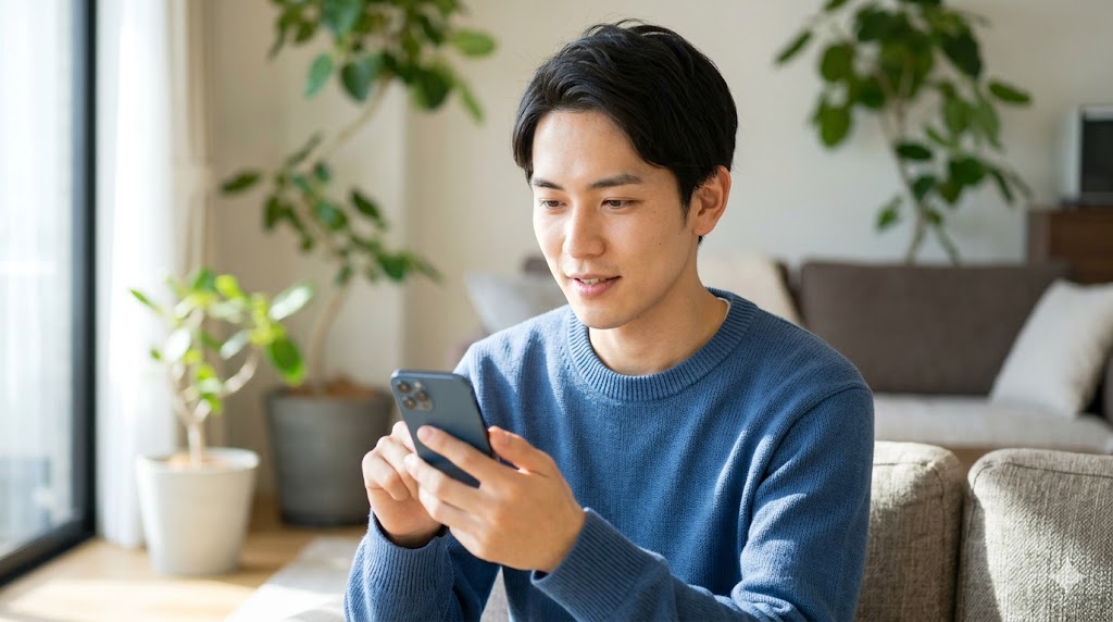 マッチングアプリを使いながら、注意深く、しかし期待を持ってスマートフォンを見つめる日本人男性の様子
