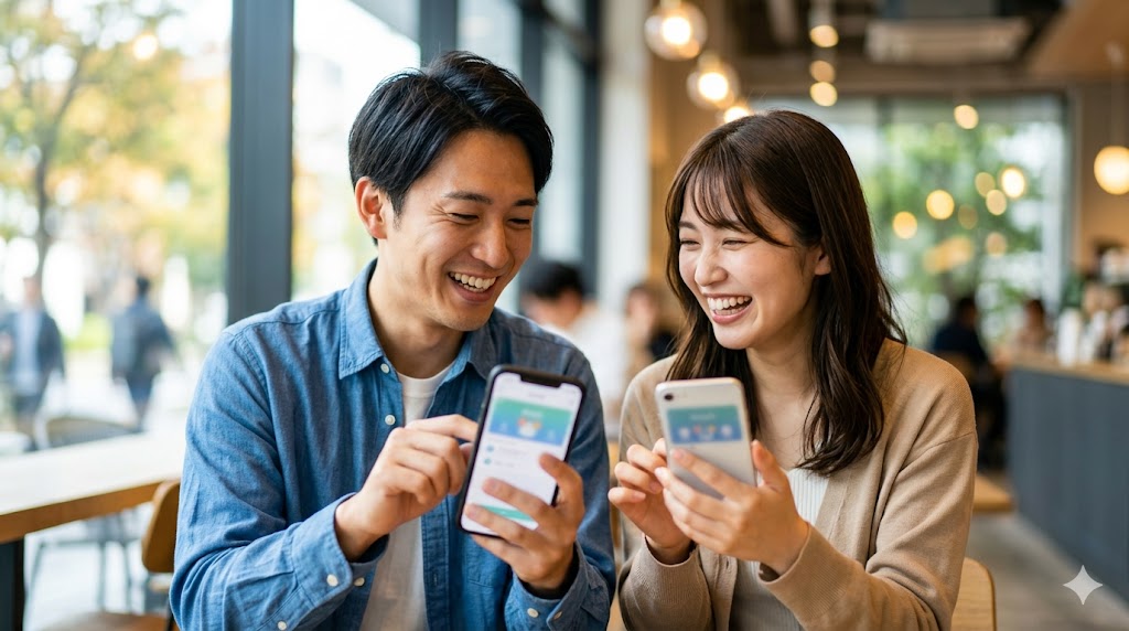 東京のカフェで、笑顔でマッチングアプリのメッセージを確認しながら、楽しそうに会話をする日本人男女。リアルな出会いと幸福感を表現。