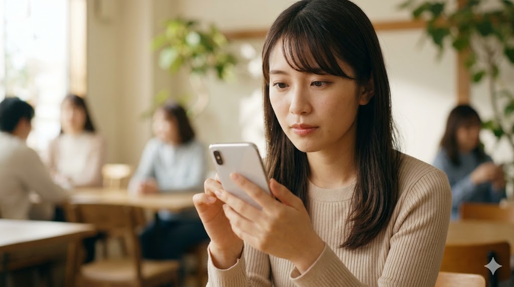 マッチングアプリで男性に最初のメッセージを送るべきか悩み、スマホを見つめる日本人女性。カフェの温かい雰囲気。