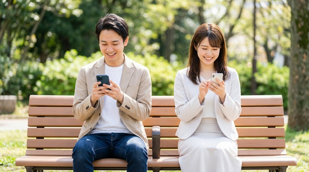 マッチングアプリでマッチングし、笑顔でスマートフォンを操作する日本人男女のイメージ画像。