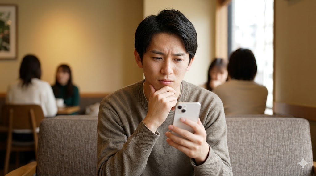 マッチングアプリのメッセージ作成に悩み、スマートフォンを見つめる日本人男性。カフェでの日常風景。