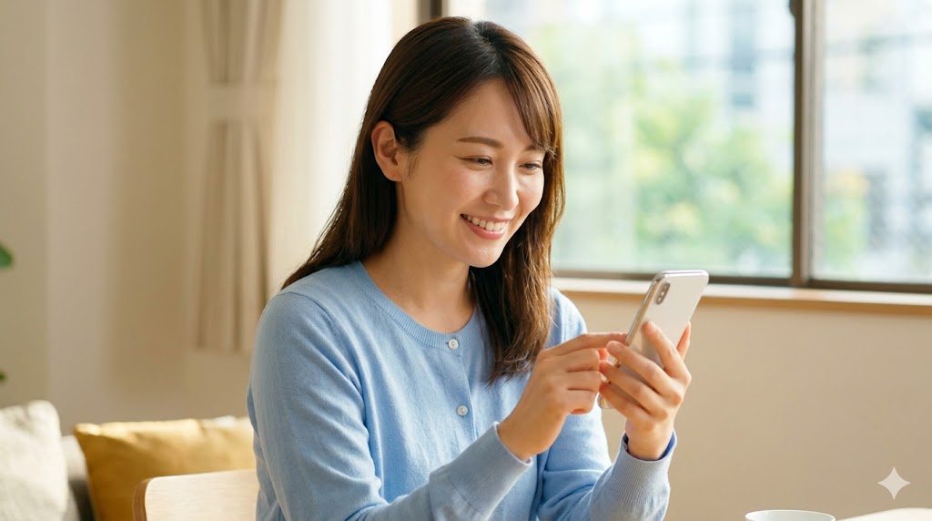 自宅のリビングで笑顔でスマートフォンを操作する日本人女性。初心者でも安心して使える安全なマッチングアプリのイメージ。