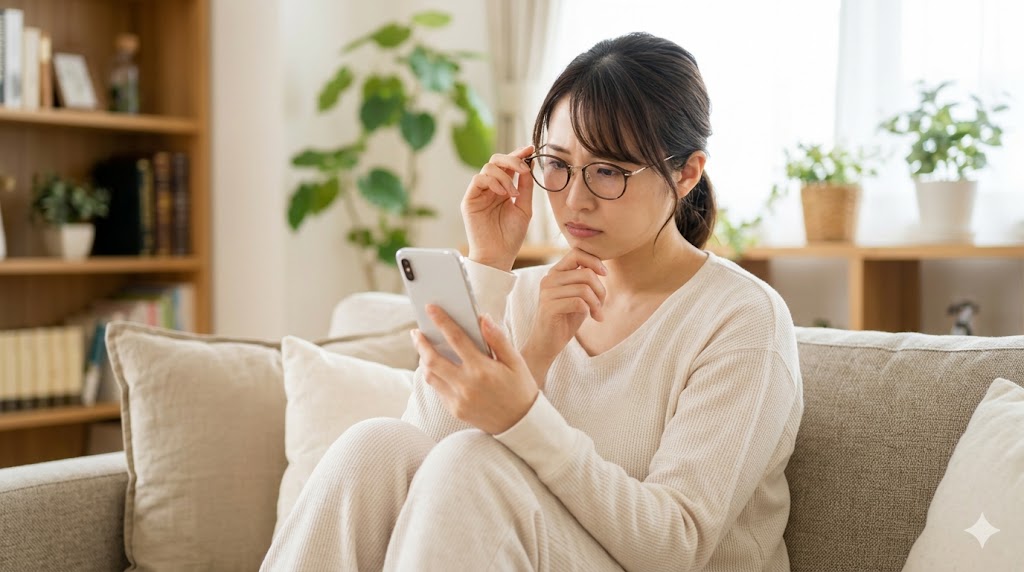 マッチングアプリでメッセージの文字数に悩む、自宅のソファでスマートフォンを見る日本人女性の画像。E-E-A-T向上のための視覚コンテンツ。