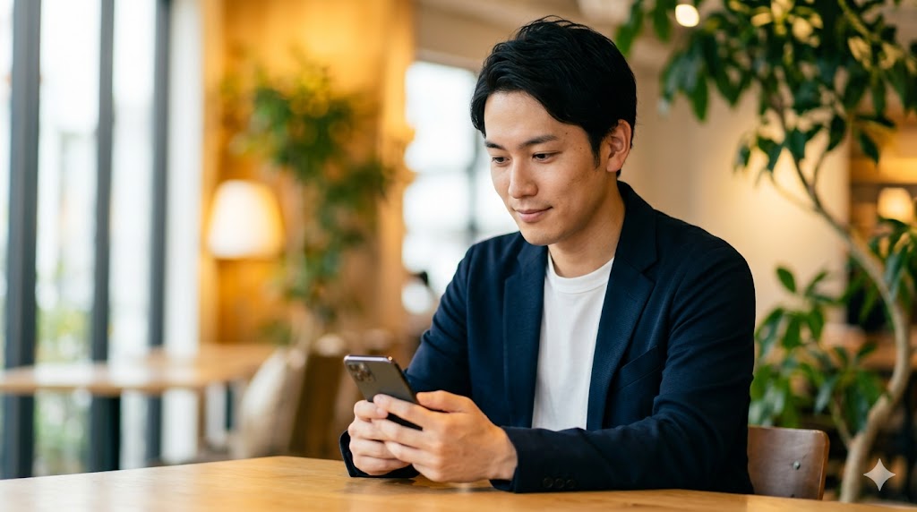 マッチングアプリのメッセージに悩む日本人男性（ホシ）がカフェでスマホを見る様子。E-E-A-T向上のための運営者イメージ。