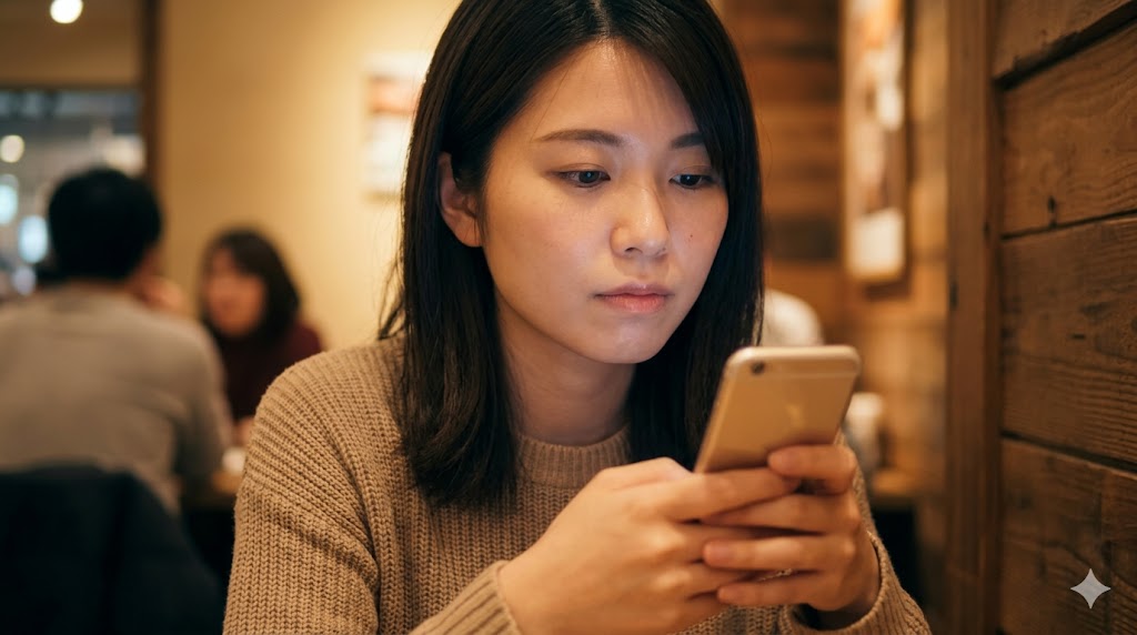 マッチングアプリで相手からの返信を待ち、不安げな表情でスマートフォンを見つめる日本人の若い女性。カフェの落ち着いた雰囲気の中で、静かな孤独と期待が入り混じった瞬間を切り取っています。