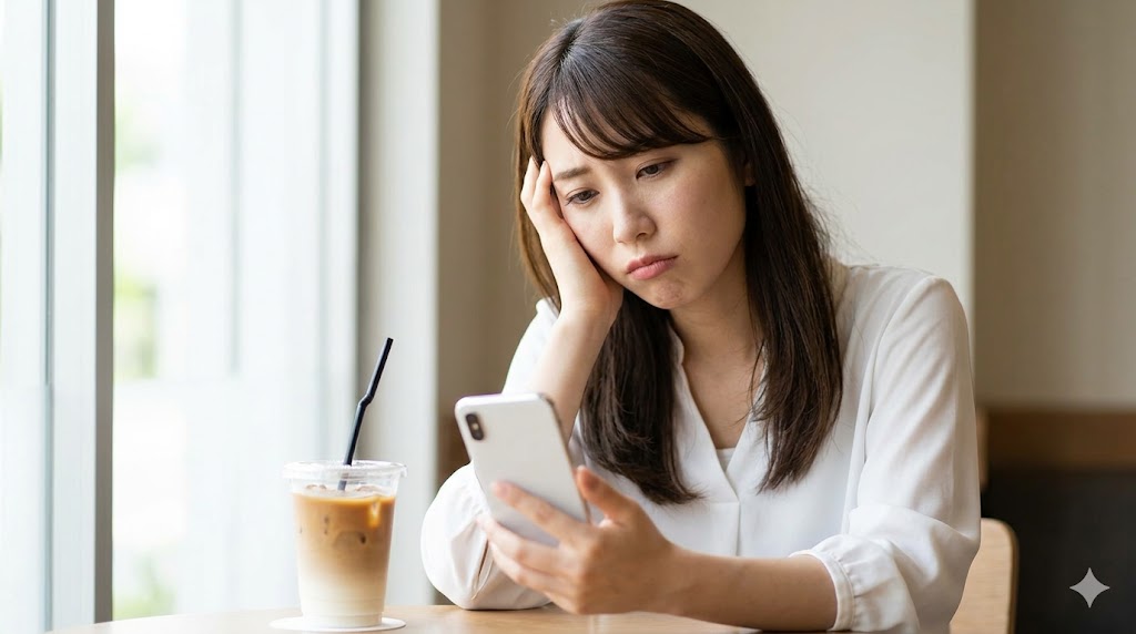 カフェでスマートフォンの画面を見て、だらだら続くメッセージに少し疲れた表情を浮かべる日本人女性の様子。