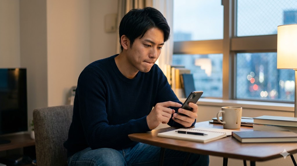 マッチングアプリで、スマートフォンを手に最初のメッセージ内容に悩む、誠実そうな日本人男性。