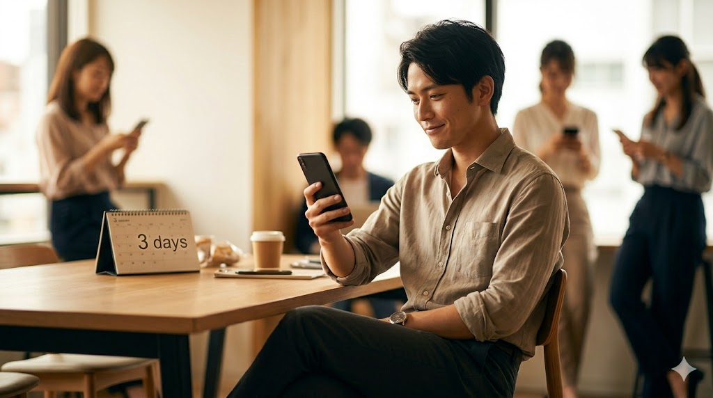 カレンダーとスマホを交互に見ながら、返信を待つべきか悩む日本人男性 画像6