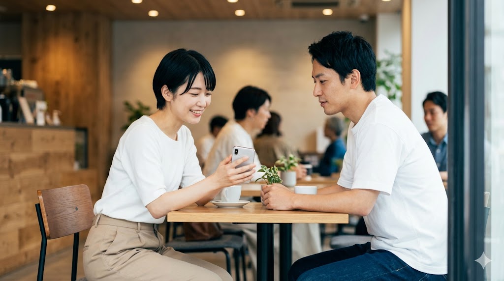 マッチングアプリで、デート後にカフェで向き合い、感謝の気持ちを伝えつつお断りのメッセージを送る日本人男女