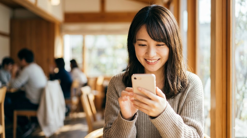 スマートフォンで嬉しそうにメッセージを読む日本人女性