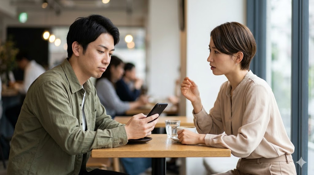 カフェで会話中に、日本人男性がスマートフォンを見て無関心な態度をとり、向かいの日本人女性が困惑と落胆の表情を浮かべる様子。メッセージが続かない典型的なNG行動を表現。