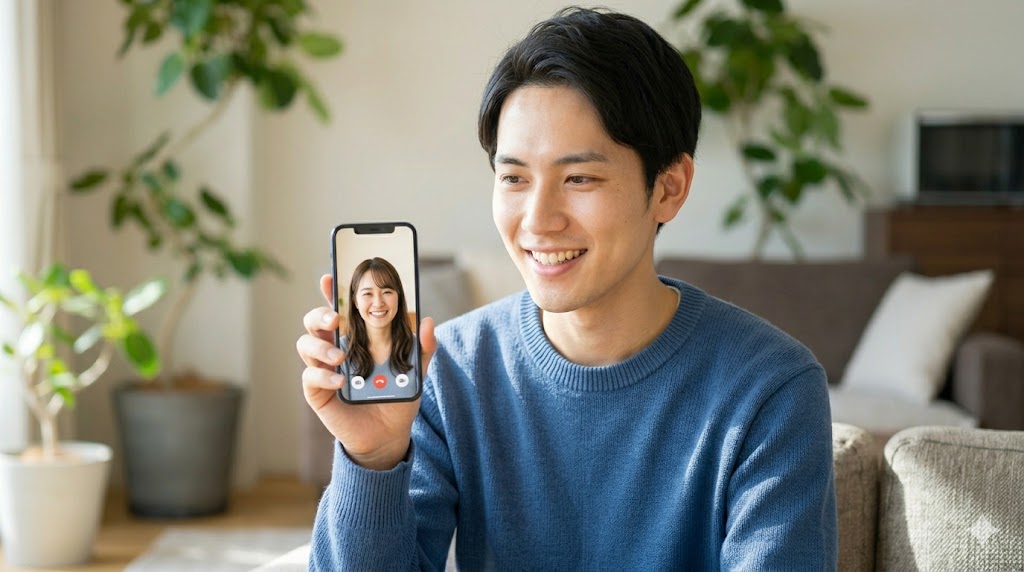 自宅でリラックスしながら、スマートフォンでマッチングアプリのビデオ通話機能を楽しむ日本人男性の様子。画面の向こうの相手と心理的距離が縮まったことを示している。