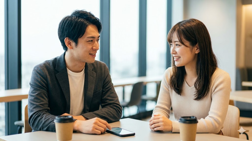 明るいカフェで、若い日本人男性が女性に自然な流れでデートの提案をし、OKをもらった瞬間の笑顔。マッチングアプリでの自然な誘い方の成功例。
