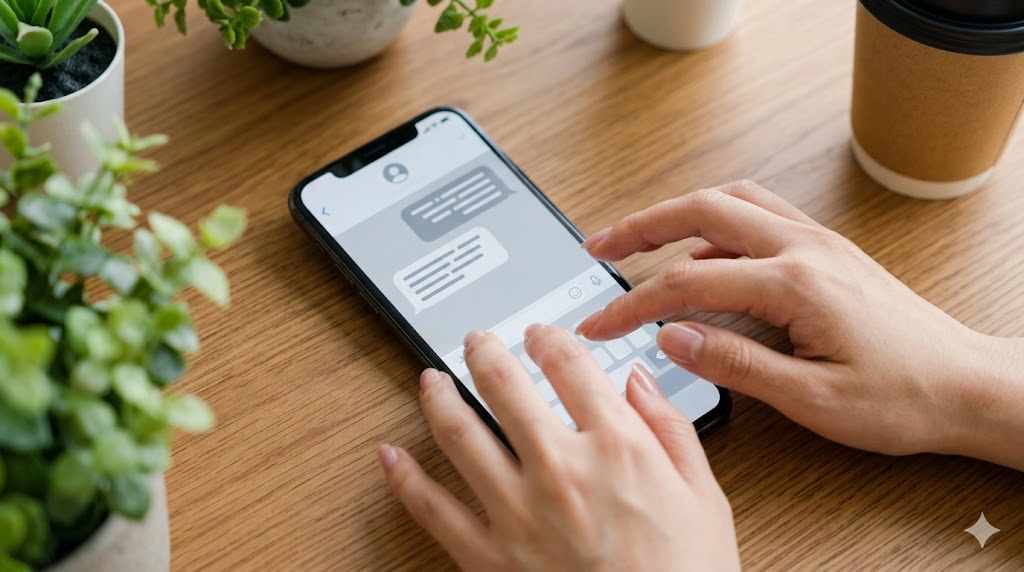 木のデスクに置かれたスマホ画面で、マッチングアプリのメッセージ文字数を相手に合わせる「ミラーリング」を意識して、丁寧かつ簡潔にタイピングする様子。