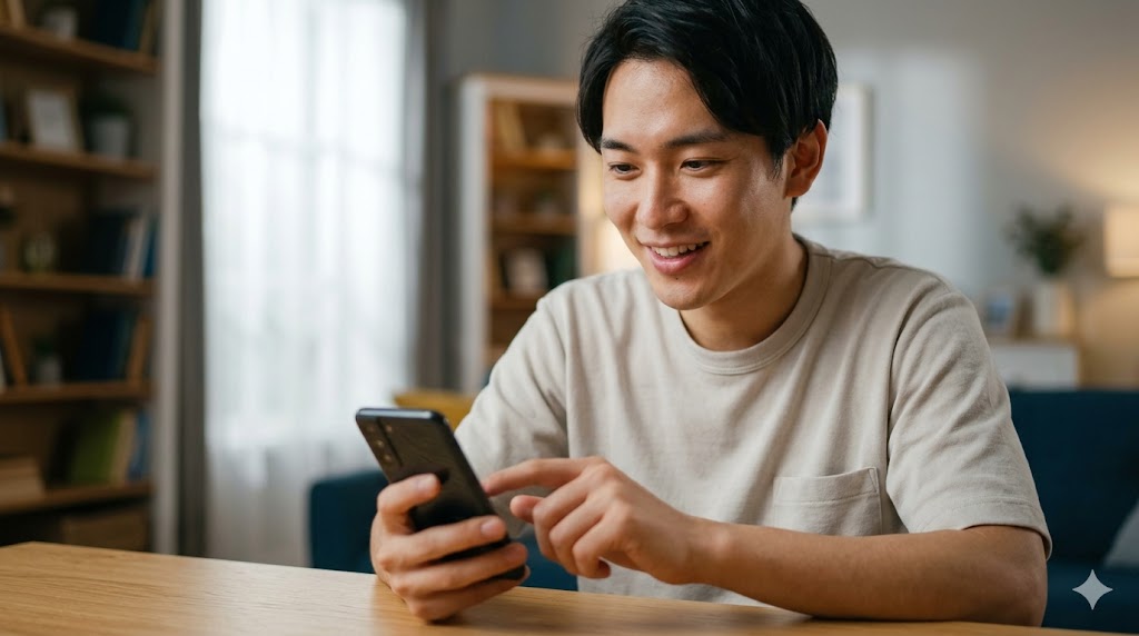 マッチングアプリで女性からメッセージを受信し、嬉しそうにスマホを見つめる日本人男性。自宅のデスクにて。
