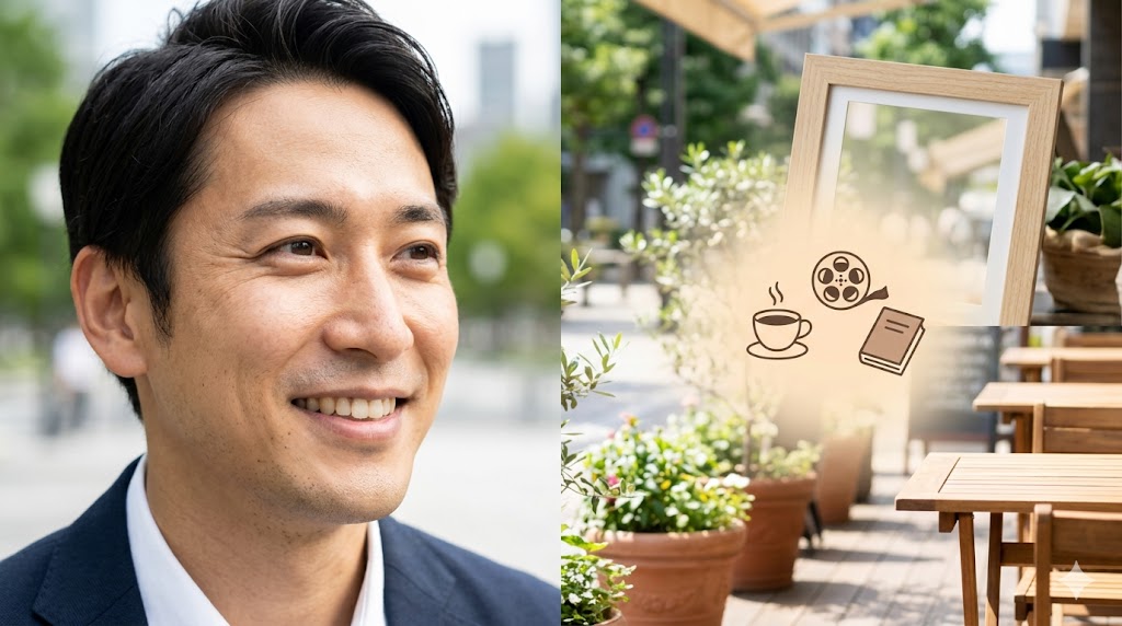笑顔の日本人男性（30代後半）と、カフェ、映画、読書などの趣味を象徴するアイコン（文字なし）が融合した、共通点への共感を示すイメージ。