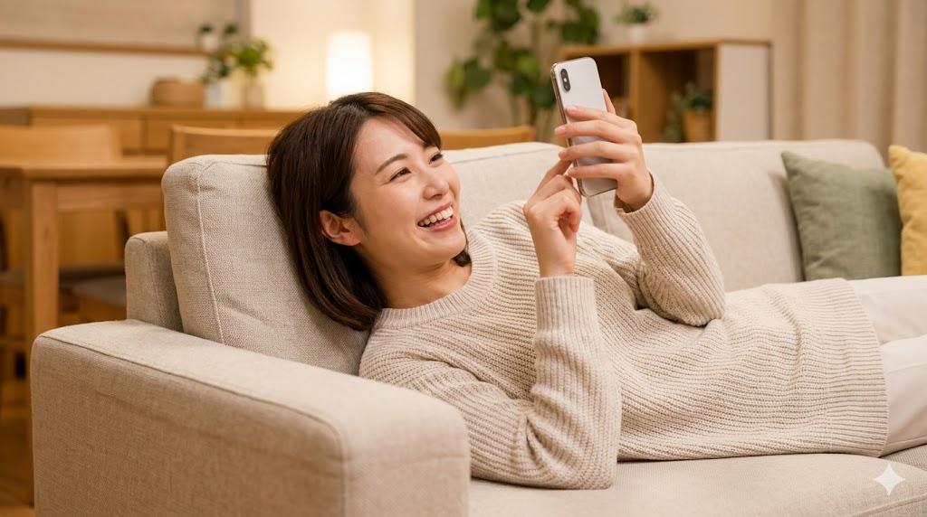 自宅のソファでリラックスしながら、気になる相手に積極的にメッセージを送る日本人の女性。