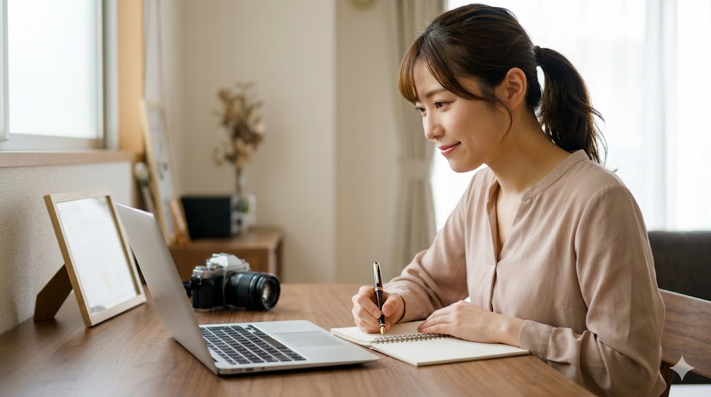 自宅で集中して資格勉強や創作活動に励む日本人女性。努力の過程（プロセス）を象徴する。