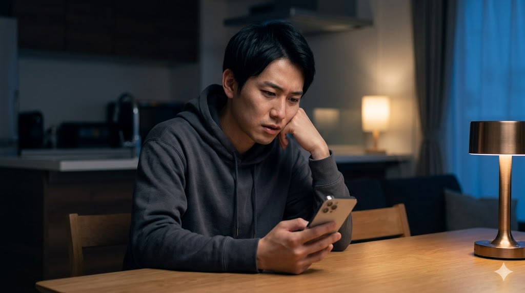 夜の自宅で、スマートフォンを眺めながら少し不安げな表情を浮かべる日本人男性。マッチングアプリのメッセージ頻度に関する悩みを表現している。