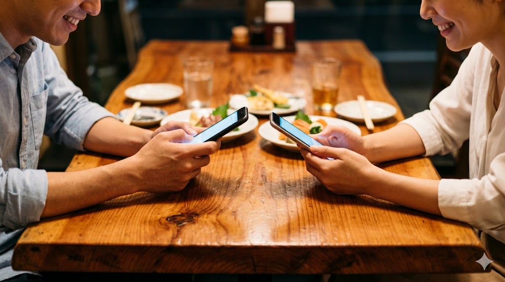 レストランで互いにスマートフォンを手に笑顔を見せる日本人男性と女性の手元の画像。マッチングアプリのメッセージ頻度やペースを合わせる「ミラーリング効果」を象徴するビジュアル。