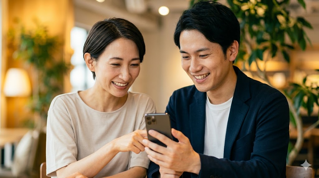 マッチングアプリのメッセージで、親しみやすい敬語（ソフト敬語）を使い、笑顔でやり取りをする日本人男女。信頼関係の土台作り。