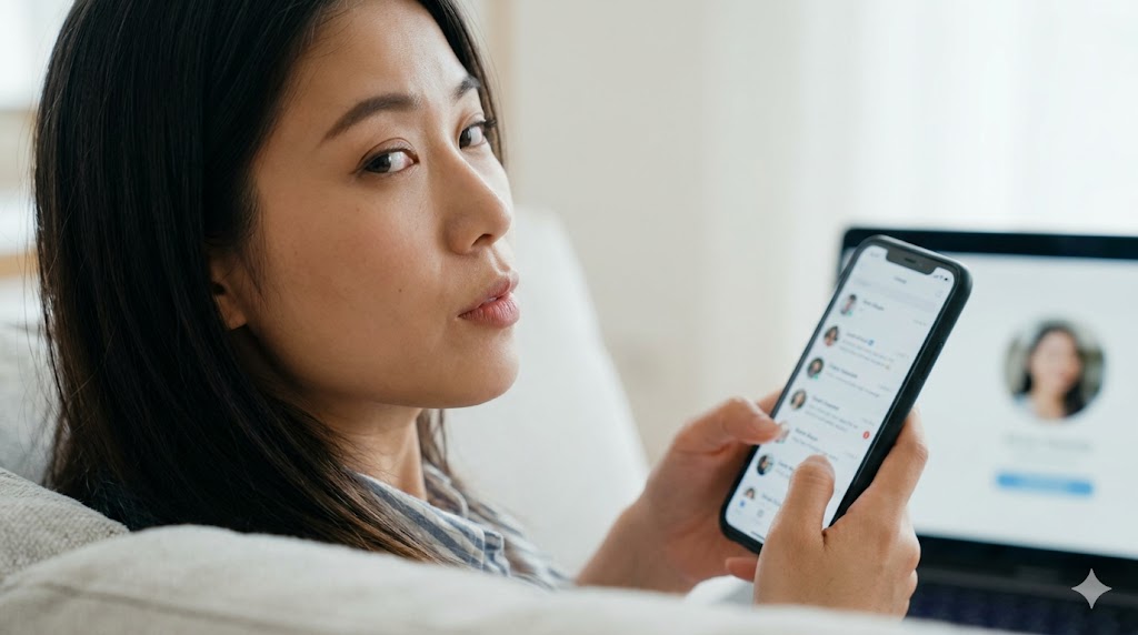 自宅のソファでくつろぎながら、スマートフォンでマッチングアプリのメッセージリストを確認する日本人の若い女性。複数の男性からのアプローチをクールに捌いている様子で、女性側が常に複数同時進行である現状を表現しています。