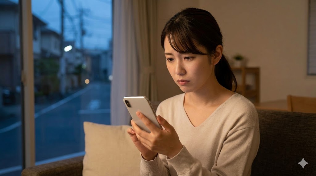 夜の自宅で、スマートフォンを警戒心と慎重さを持って見つめる、日本人女性の様子。