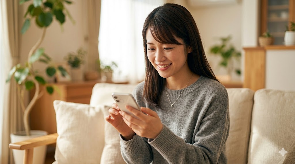 自宅のソファでリラックスしながら、自然な笑顔でメッセージを返す日本人女性