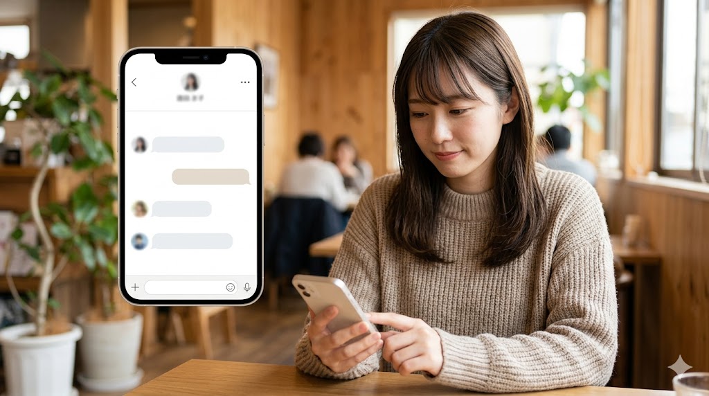 返信を待ちながら、スマートフォンを見る日本人女性の手元